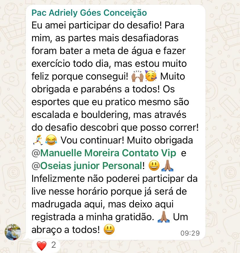 Depoimento de participante do Reset 14D — meta de água e exercício diário cumpridas