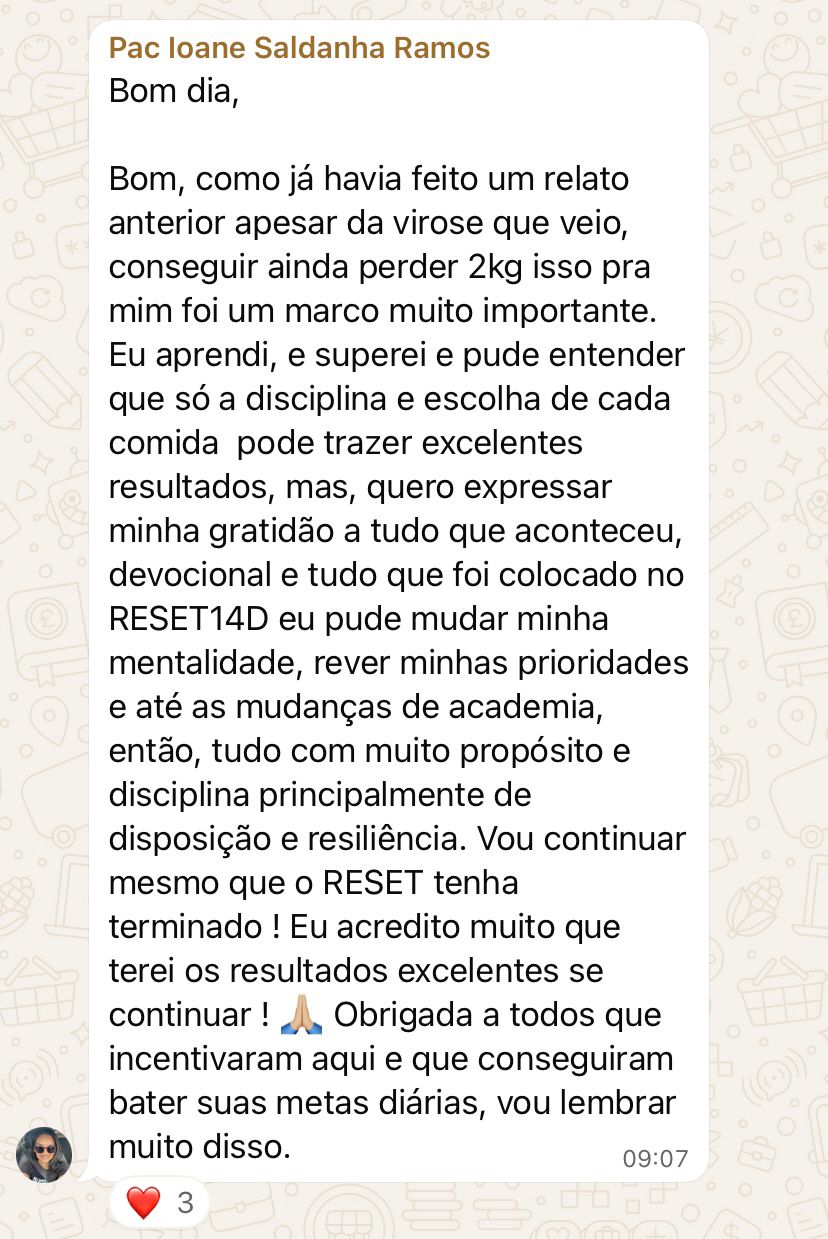 Depoimento de participante do Reset 14D — perda de 2kg e mudança de mentalidade